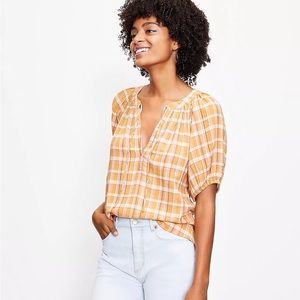 Loft Plaid Tie Neck Puff Sleeve Top